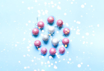 Christmas decorations on blue background. Festive background for decoration or projects. Copy space