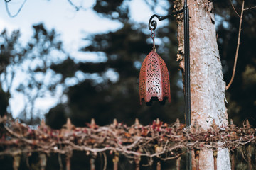 Close-up view with a shallow depth of field and selective focus of an exquisitely patterned street lamp near a pine tree with a metal hedge below overgrown with dry ivy, a copy space place on the left