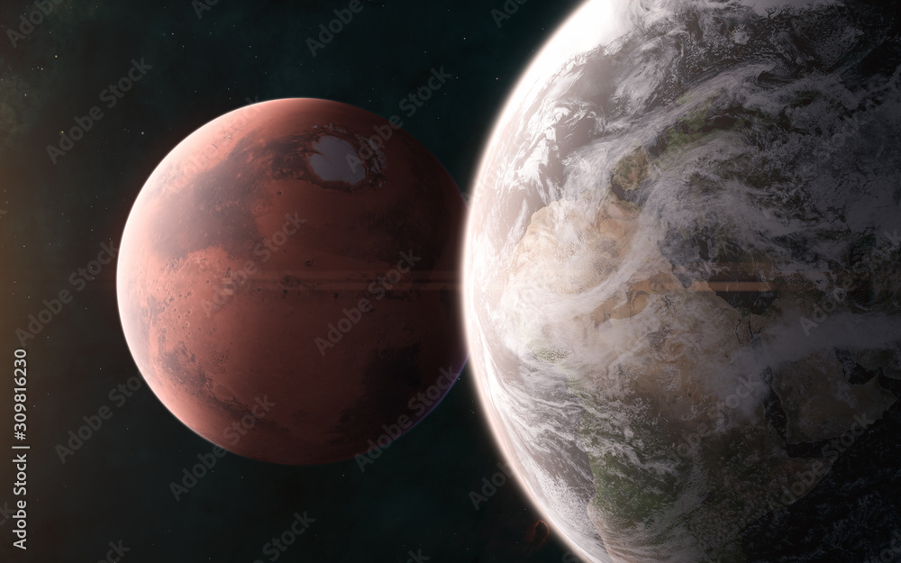 Wall mural earth on background of mars. solar system. 3d render. science fiction. elements of this image furnis