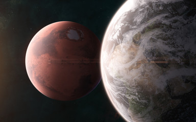 Earth on background of Mars. Solar system. 3D Render. Science fiction. Elements of this image furnished by NASA © Aaron Alien