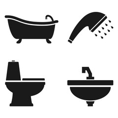 Hotel or House Bathroom Facilities bathtub, shower, toilet bowl, washbasin flat simple icon isolated on white background.