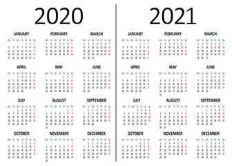 Yearly calendar 2020, 2021. Week starts from Monday. Vector illustration