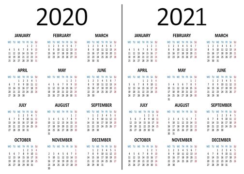 Yearly calendar 2020, 2021. Week starts from Monday. Vector illustration