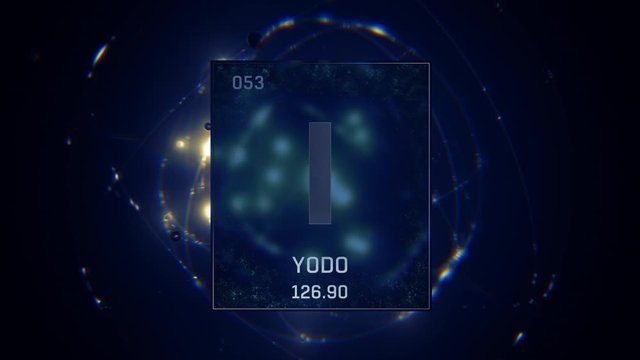 Iodine as Element 53 of the Periodic Table. Seamlessly looping 3D animation on blue illuminated atom design background with orbiting electrons. Name, atomic weight, element number in Spanish language
