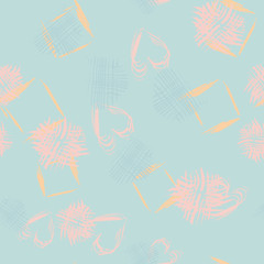 Pink abstract shapes on turquoise seamless pattern with hand drawn texture colorful background.