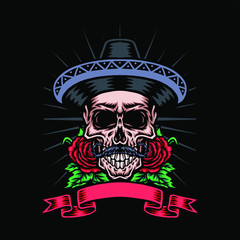 Skull in mexican hat with rose flower, vector illustration