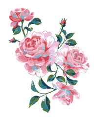 Acrylic floral painting. Bouquet of summer large roses isolated on white. Hand drawn beautiful botanical artwork for poster, card, banner or print.