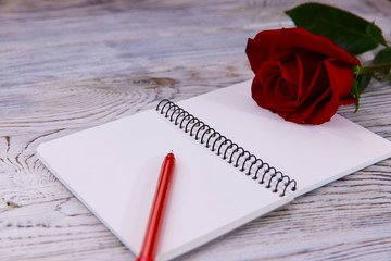 Valentine's day background. On a gray wooden background, an opened notebook, a red pen and a red rose. Close-up, horizontal, side view, free space for text.