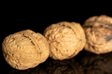 Group of three whole fresh brown walnut isolated on black glass