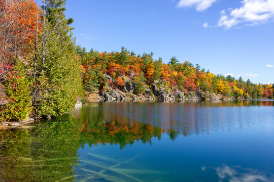 Autumn In Canada Quebec Pink Lake View On A Sunny Day