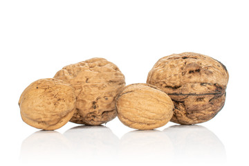 Group of four whole fresh brown walnut isolated on white background