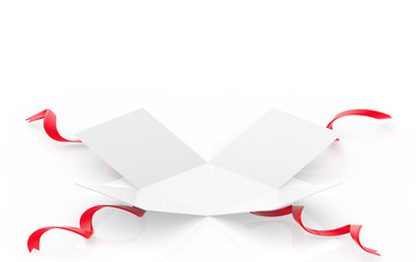 3d rendering. A opened white gift or present box with red ribbon on white floor background