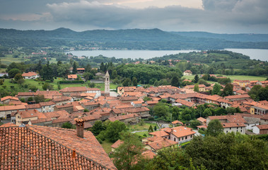 aerial view over Roppolo town and the Viverone lake, Province of Biella, region Piemonte, Italy