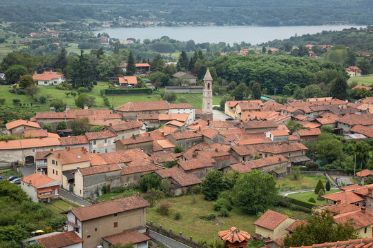 aerial view over Roppolo town and the Viverone lake, Province of Biella, region Piemonte, Italy
