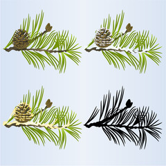 Naklejka premium Christmas and New Year decoration fir tree branches golden and snow pine cones and silhouette vintage vector illustration editable hand draw