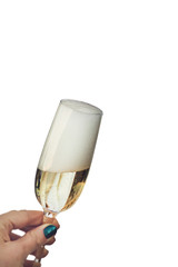female hand with glass of champagne on a white background. Isolate on white background
