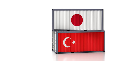 Freight container with Japan and Turkey national flag. 3D Rendering
