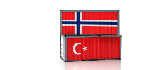 Freight container with Norway and Turkey national flag. 3D Rendering