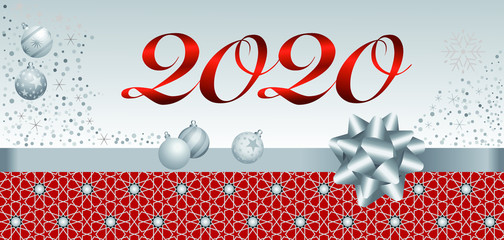2020 - Carte de voeux rouge et grise au motif arabe avec ruban et boules de Noël.