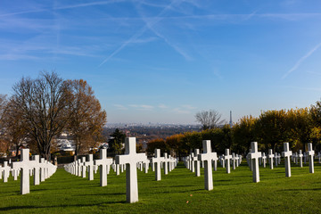 Fototapeta na wymiar Suresnes, France, burial sites in the Suresnes American military cemetery and memorial for soldiers from World Wars One and Two