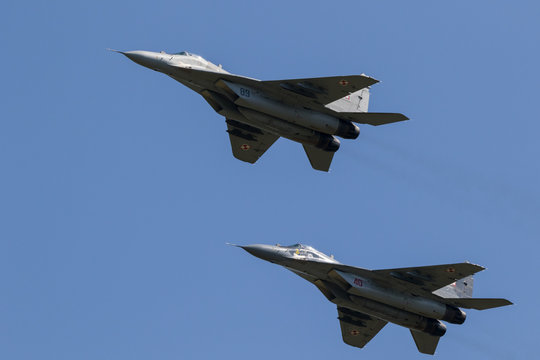 FLORENNES, BELGIUM - JUN 15, 2017: Two Polish Air Force MiG-29 Fulcrum fighter jet flying over the FLorennes Airbase.