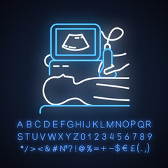 Ultrasound diagnostics neon light icon. Ultrasonography. Medical procedure. Patient chest examination. Disease treatment. Glowing sign with alphabet, numbers and symbols. Vector isolated illustration