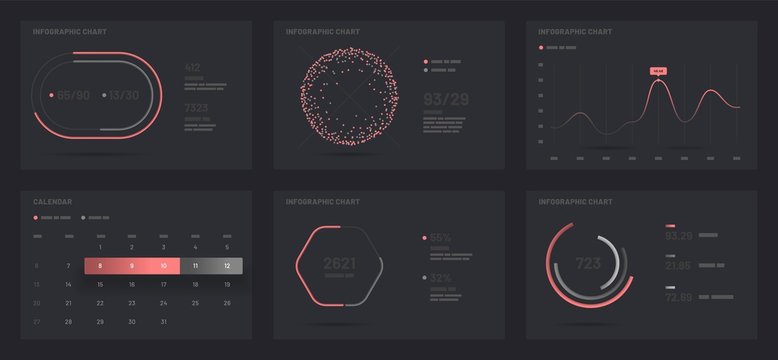 Elements of infographics on a black background. Use in presentation templates, flyer, leaflet and corporate report. Dashboard UI and UX Kit with big data visualization.
