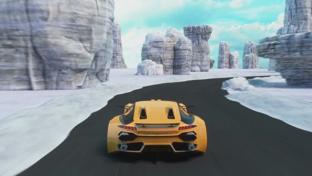 Speed Racing 3d Video Game Imitation. Sports Cars Compete On The Road In Winter. Gameplay Screen.