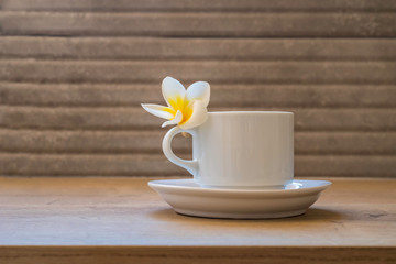 Morning cup of coffee and plumeria flower on wood table.
