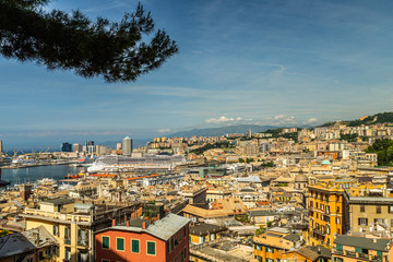Fototapeta na wymiar View of Genoa, cityscape of historical centre and the port, Liguria, Italy.