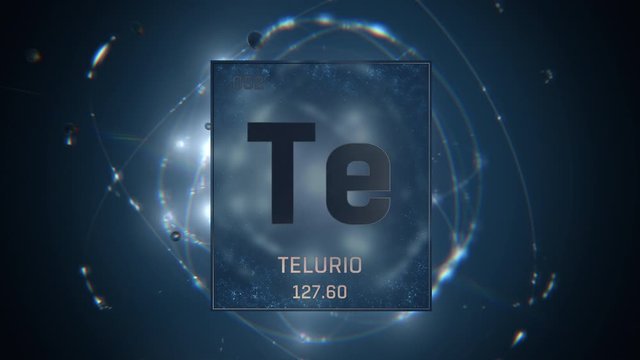 Tellurium as Element 52 of the Periodic Table. Seamlessly looping 3D animation on blue illuminated atom design background with orbiting electrons. Name, atomic weight, element number in Spanish langua