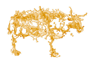 giclé de  lait au caramel en forme de vache, taureau, lait, production laitière, création, vache laitière, forme, liquide, calcium, ferme, de profile, 3d, entrelacé, fond blanc