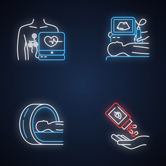 Medical procedure neon light icons set. Electrocardiogram. Ultrasound diagnostics. Tomography. Brain scanning for tumor. Homeopathy. Organic pills. Glowing signs. Vector isolated illustrations