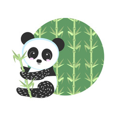 Small Panda bear with bamboo on the background of the bamboo forest. Vector