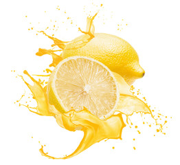 lemons in yellow juice splash isolated on a white background - 309825277