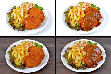 kotlet mielony z ziemniakami surówką i pomidorem