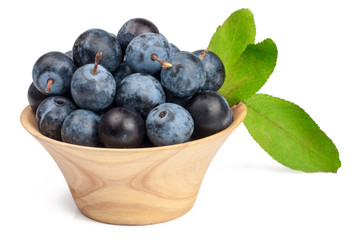 The fruits of blackthorns in a cup isolated on white