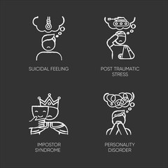 Mental disorder chalk icons set. Suicidal feeling. Post traumatic stress. Impostor syndrome. Personality disorder. Distress, worry. Veteran trauma. Psychology. Isolated vector chalkboard illustrations