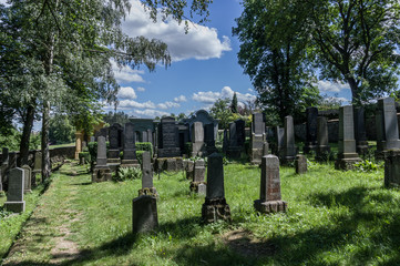 UNESCO protected Jewish Cemetery of Trebic, Czech Republic with old Hebrew carved tomb stones.