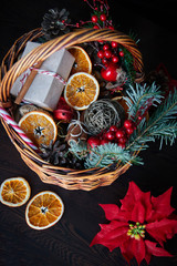 wicker basket with Christmas decorations