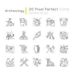 Archeology linear icons set. Excavation. Ancient artifacts. Old culture. Field research. Restoration. Flambeau. Thin line contour symbols. Isolated vector outline illustrations. Editable stroke