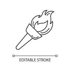 Medieval torch linear icon. Burning fire. Beacon. Flare, bonfire. Ancient olympic sport victory. Thin line illustration. Contour symbol. Vector isolated outline drawing. Editable stroke