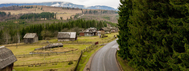 Curved asphalt road in high mountains of Ukraine.