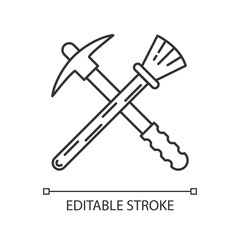 Archeologist tools linear icon. Restoration. Renovation equipment. Reconstruction of artifact. Paleontology. Thin line illustration. Contour symbol. Vector isolated outline drawing. Editable stroke