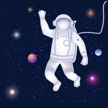 Astronaut in outer space, stars, planets - illustration, abstract, art, vector. Space exploration. Space Tourism