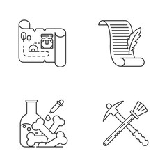 Fototapeta premium Archeology linear icons set. Treasure map. Ancient manuscript. Laboratory research. Restoration equipment. Thin line contour symbols. Isolated vector outline illustrations. Editable stroke