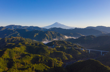 Aerial view of Fuji mountain in Shizuoka, Japan. drone view point