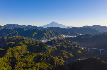 Aerial view of Fuji mountain in Shizuoka, Japan. drone view point