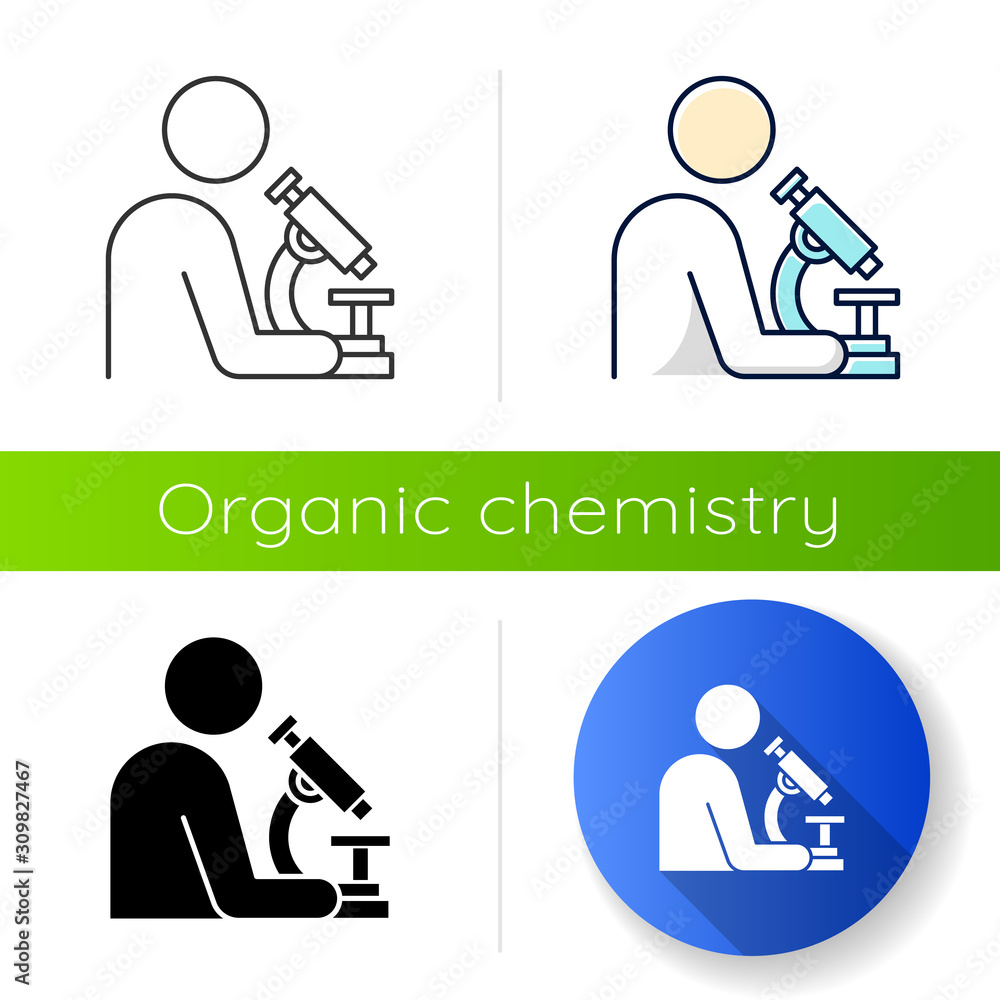 Poster man with microscope icon. scientist at work. organic chemistry. laboratory research. conducting expe