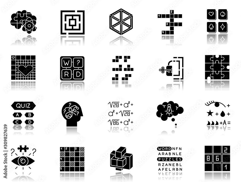 Poster puzzles and riddles drop shadow black glyph icons set. mental exercise. challenge. language, vocabul